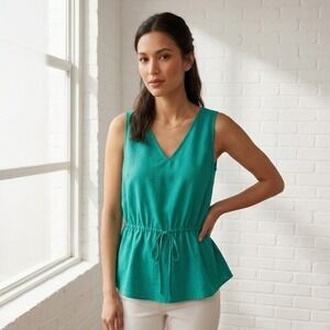 Banana Republic V Neck Peplum Tank Top Womens Medium Green Drawstring Waist Chic